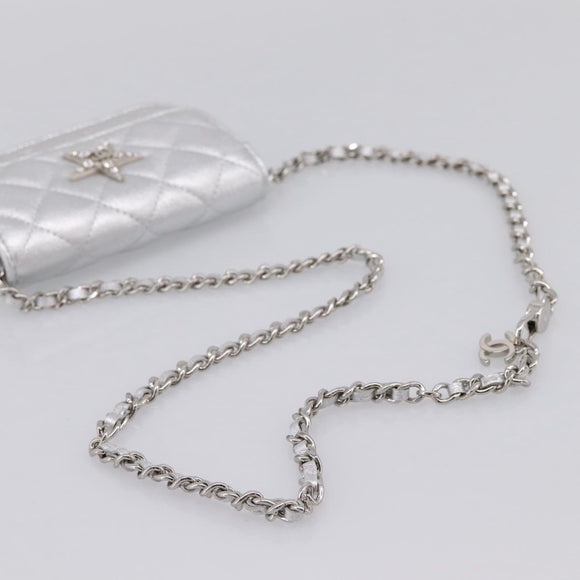 CHANEL Chain Shoulder Pouch Matelasse Leather Silver CC Auth 195507M