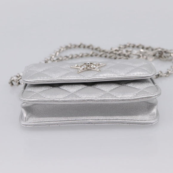 CHANEL Chain Shoulder Pouch Matelasse Leather Silver CC Auth 195507M