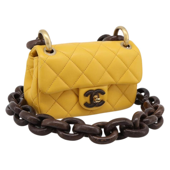 CHANEL Mini Matelasse 17 Chain Bag Lamb Skin Yellow Gold CC Auth 195513SAM