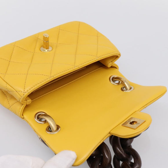 CHANEL Mini Matelasse 17 Chain Bag Lamb Skin Yellow Gold CC Auth 195513SAM