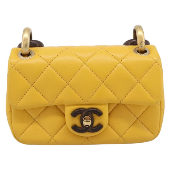 CHANEL Mini Matelasse 17 Chain Bag Lamb Skin Yellow Gold CC Auth 195513SAM