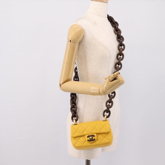 CHANEL Mini Matelasse 17 Chain Bag Lamb Skin Yellow Gold CC Auth 195513SAM