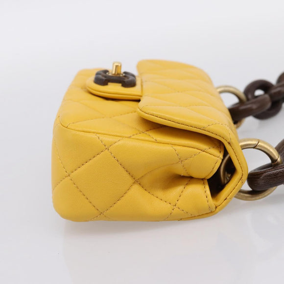CHANEL Mini Matelasse 17 Chain Bag Lamb Skin Yellow Gold CC Auth 195513SAM