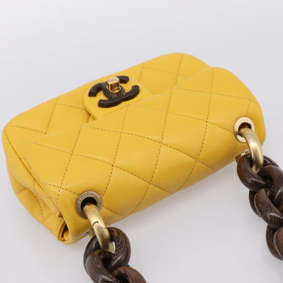 CHANEL Mini Matelasse 17 Chain Bag Lamb Skin Yellow Gold CC Auth 195513SAM