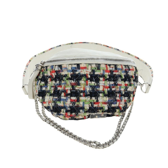 CHANEL Chain Matelasse Shoulder Bag tweed White Silver CC Auth 195515M
