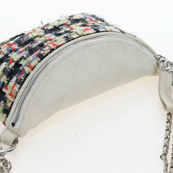 CHANEL Chain Matelasse Shoulder Bag tweed White Silver CC Auth 195515M