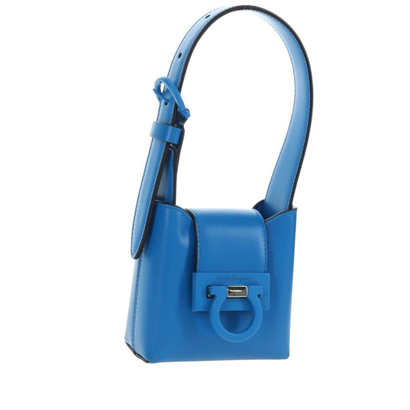 Salvatore Ferragamo Gancini Hand Pouch Leather Blue Silver Auth 195518M