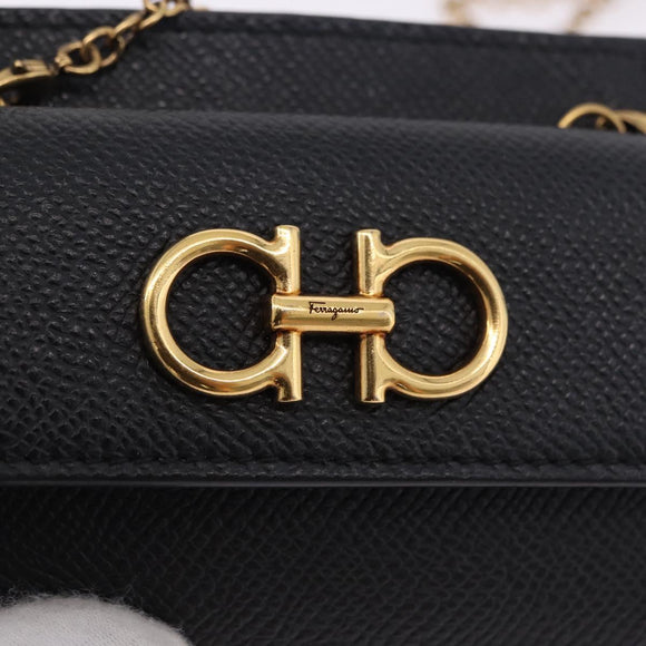 Salvatore Ferragamo Gancini Chain Card Case Leather Black Gold Auth 195519M