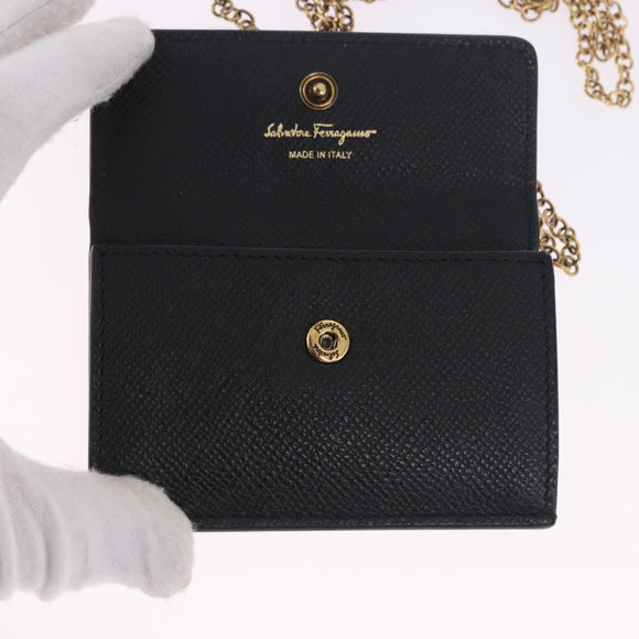 Salvatore Ferragamo Gancini Chain Card Case Leather Black Gold Auth 195519M
