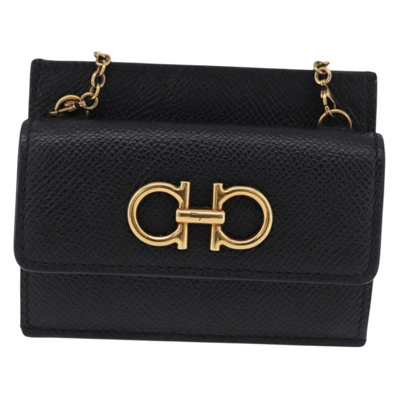 Salvatore Ferragamo Gancini Chain Card Case Leather Black Gold Auth 195519M