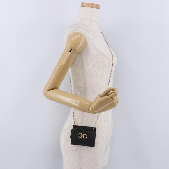 Salvatore Ferragamo Gancini Chain Card Case Leather Black Gold Auth 195519M