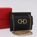 Salvatore Ferragamo Gancini Chain Card Case Leather Black Gold Auth 195519M-22