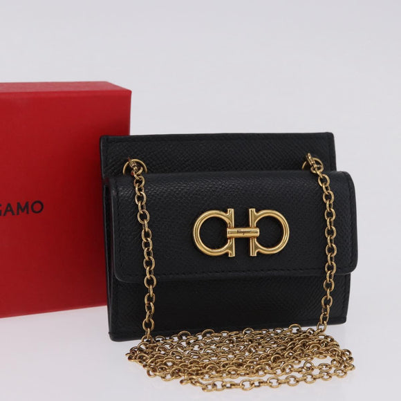 Salvatore Ferragamo Gancini Chain Card Case Leather Black Gold Auth 195519M