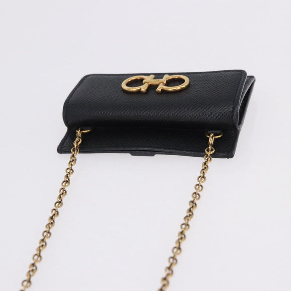 Salvatore Ferragamo Gancini Chain Card Case Leather Black Gold Auth 195519M