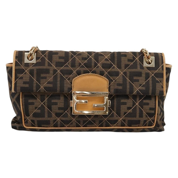 FENDI Zucca Canvas Chain Shoulder Bag Black Brown Auth 195522V