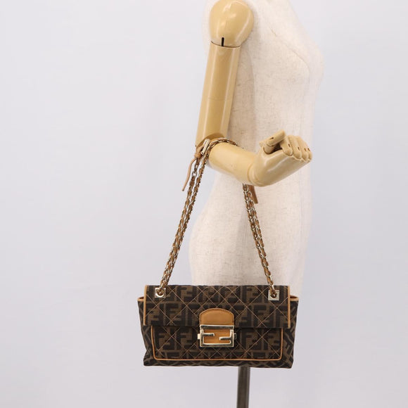FENDI Zucca Canvas Chain Shoulder Bag Black Brown Auth 195522V