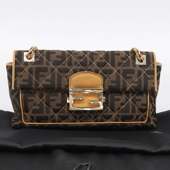 FENDI Zucca Canvas Chain Shoulder Bag Black Brown Auth 195522V