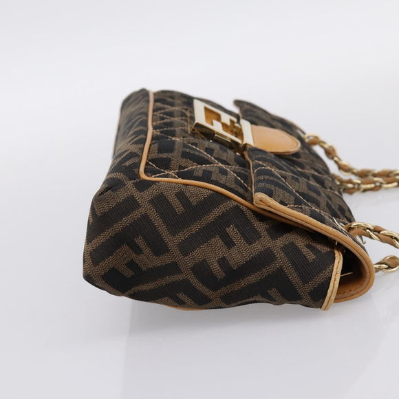 FENDI Zucca Canvas Chain Shoulder Bag Black Brown Auth 195522V