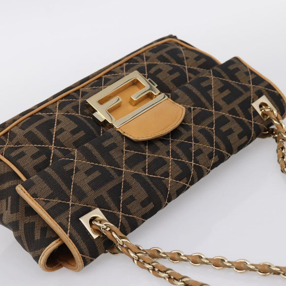 FENDI Zucca Canvas Chain Shoulder Bag Black Brown Auth 195522V
