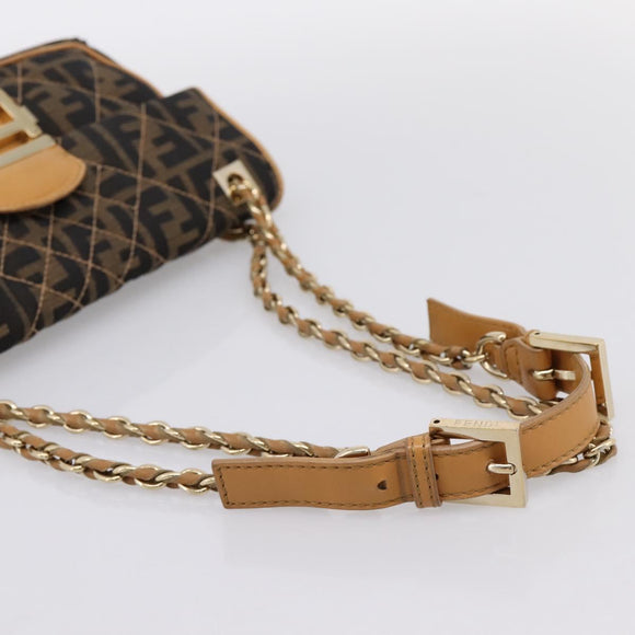 FENDI Zucca Canvas Chain Shoulder Bag Black Brown Auth 195522V