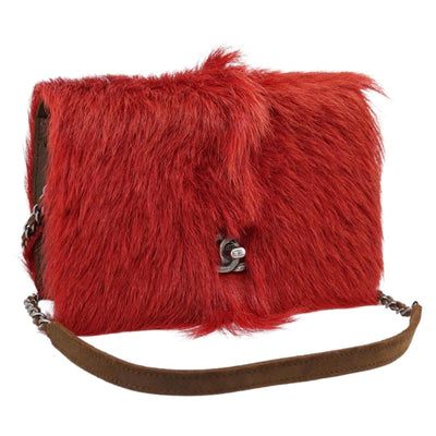 CHANEL Matelasse Chain Shoulder Bag fur Red Silver CC Auth 195526SAM