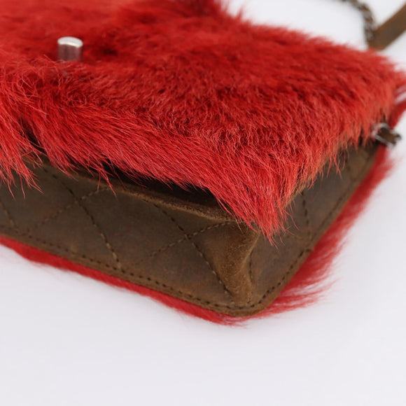 CHANEL Matelasse Chain Shoulder Bag fur Red Silver CC Auth 195526SAM