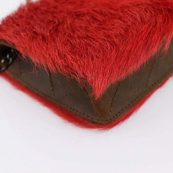CHANEL Matelasse Chain Shoulder Bag fur Red Silver CC Auth 195526SAM