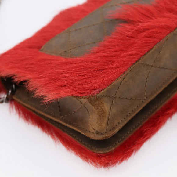 CHANEL Matelasse Chain Shoulder Bag fur Red Silver CC Auth 195526SAM