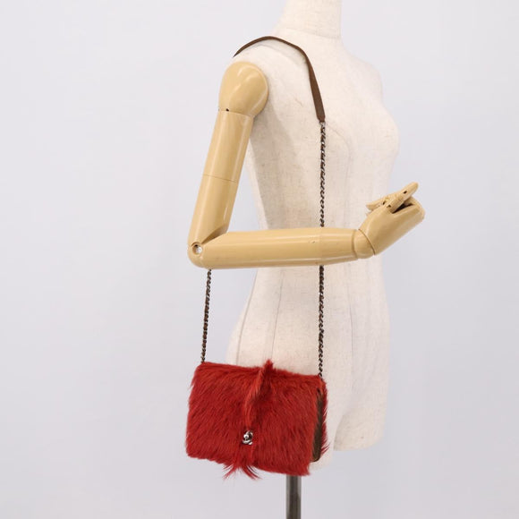 CHANEL Matelasse Chain Shoulder Bag fur Red Silver CC Auth 195526SAM