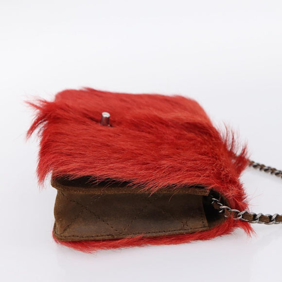 CHANEL Matelasse Chain Shoulder Bag fur Red Silver CC Auth 195526SAM