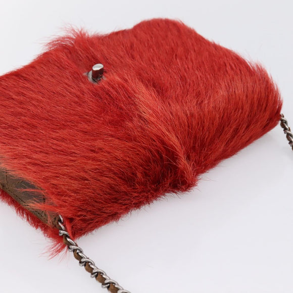 CHANEL Matelasse Chain Shoulder Bag fur Red Silver CC Auth 195526SAM