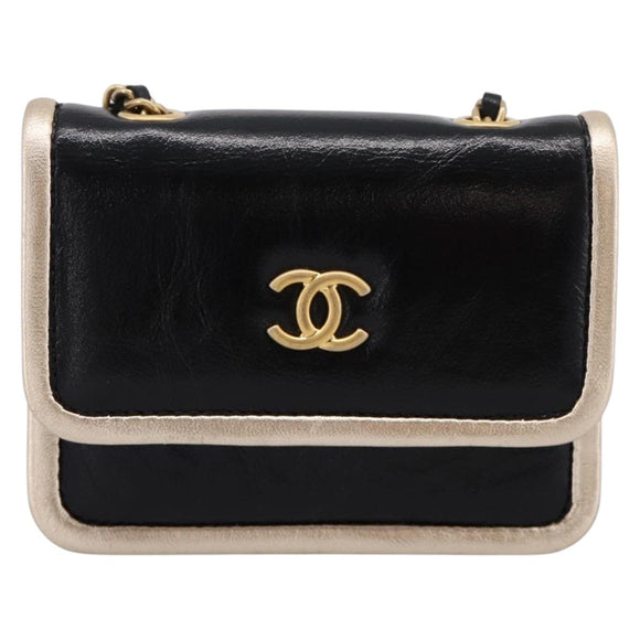 CHANEL Chain Shoulder Pouch Matelasse Leather Black Gold CC Auth 195532M