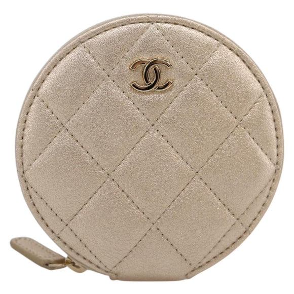 CHANEL Matelasse Pouch Lamb Skin Champagne Gold CC Auth 195534M