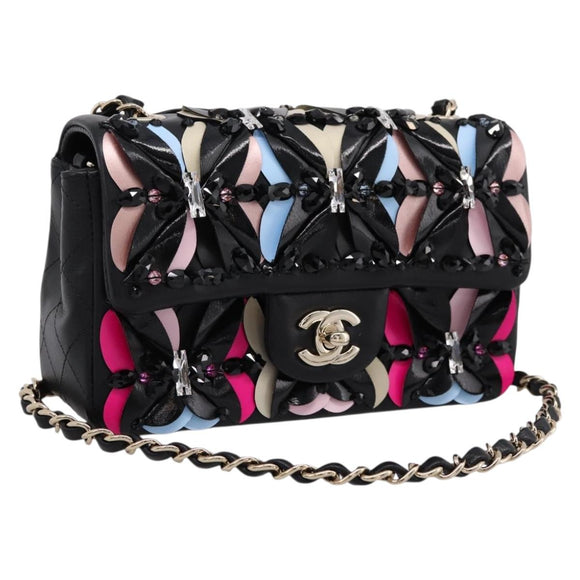 CHANEL Mini Matelasse 20 Chain Bag Lamb Skin Black Gold CC Auth 195535SM
