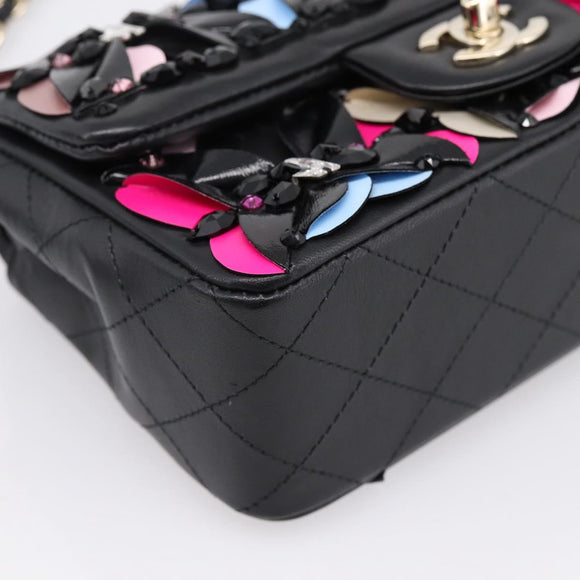 CHANEL Mini Matelasse 20 Chain Bag Lamb Skin Black Gold CC Auth 195535SM