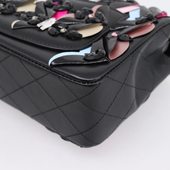 CHANEL Mini Matelasse 20 Chain Bag Lamb Skin Black Gold CC Auth 195535SM