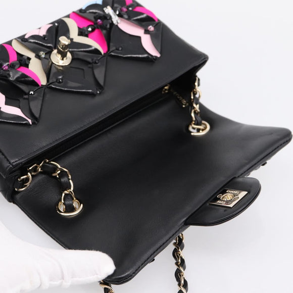 CHANEL Mini Matelasse 20 Chain Bag Lamb Skin Black Gold CC Auth 195535SM
