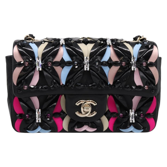 CHANEL Mini Matelasse 20 Chain Bag Lamb Skin Black Gold CC Auth 195535SM