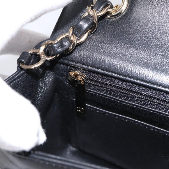 CHANEL Mini Matelasse 20 Chain Bag Lamb Skin Black Gold CC Auth 195535SM