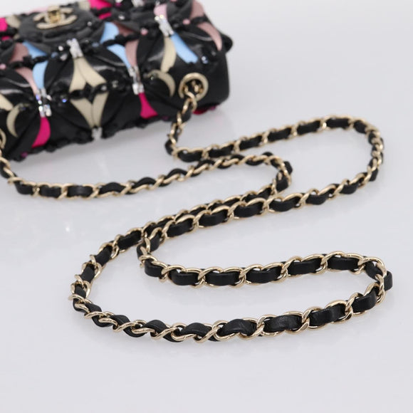CHANEL Mini Matelasse 20 Chain Bag Lamb Skin Black Gold CC Auth 195535SM