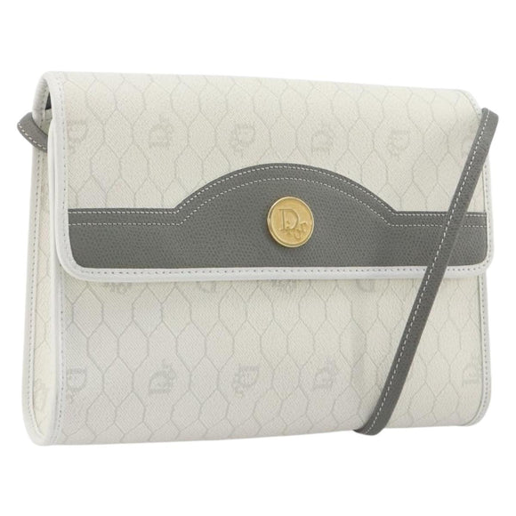 Christian Dior Honeycomb Canvas Shoulder Bag PVC White Gold Auth 195565