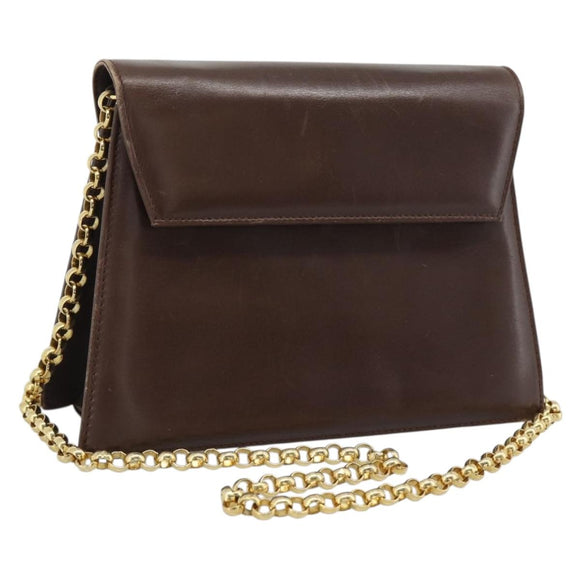 Salvatore Ferragamo Chain Shoulder Bag Leather Dark Brown Gold Auth 195566