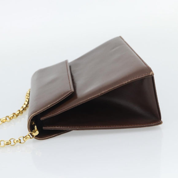 Salvatore Ferragamo Chain Shoulder Bag Leather Dark Brown Gold Auth 195566