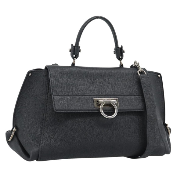 Salvatore Ferragamo Sofia Gancini Hand Bag Leather 2way Black Silver Auth 195584
