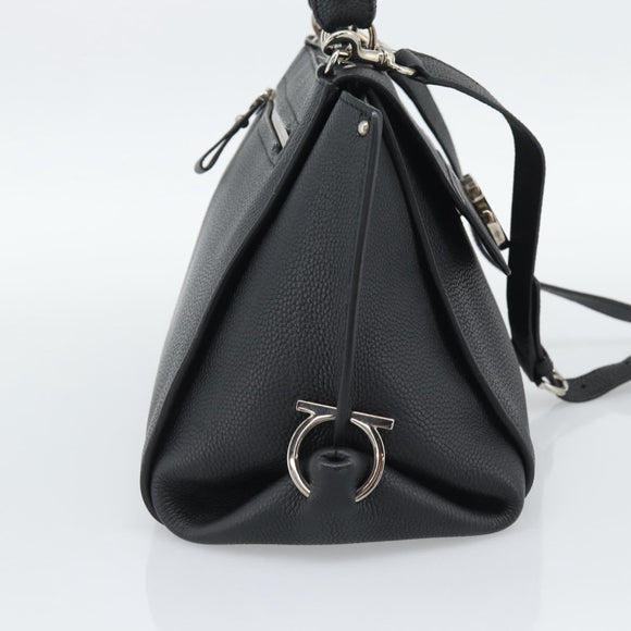 Salvatore Ferragamo Sofia Gancini Hand Bag Leather 2way Black Silver Auth 195584