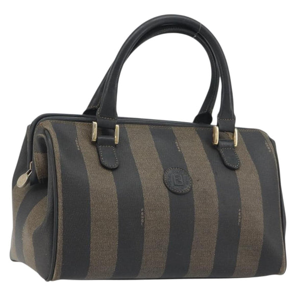FENDI Pecan Canvas Boston Bag PVC Black Brown Auth 195590