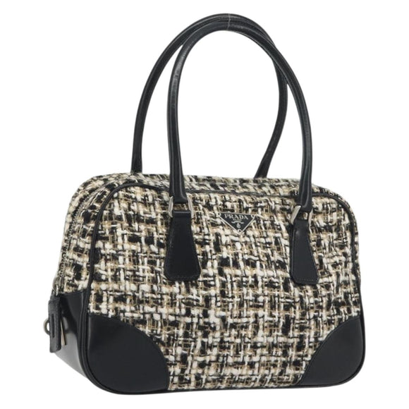 PRADA Boston Bag Tweed Black Silver Auth 195598V