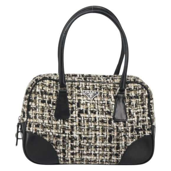 PRADA Boston Bag Tweed Black Silver Auth 195598V