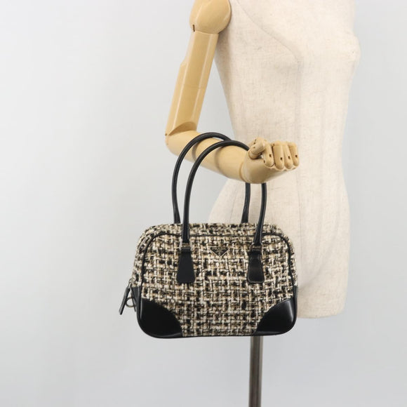 PRADA Boston Bag Tweed Black Silver Auth 195598V