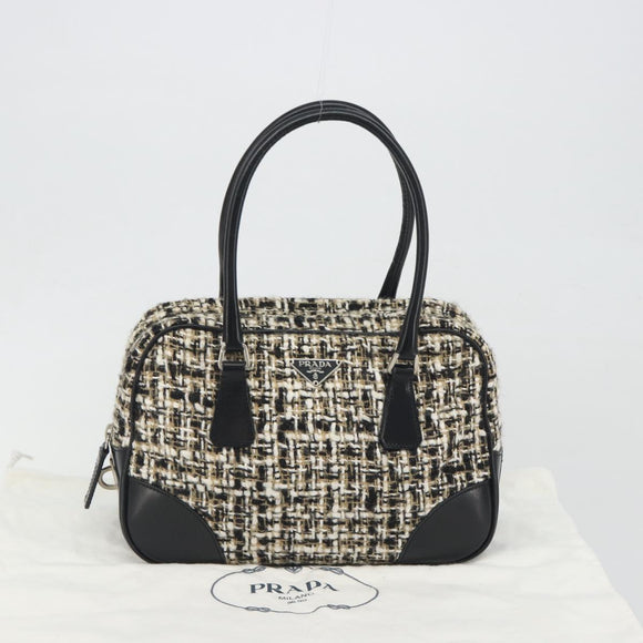 PRADA Boston Bag Tweed Black Silver Auth 195598V
